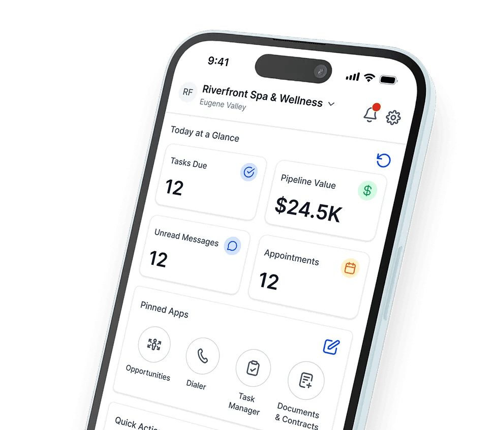 Mobile dashboard showing pipeline value, tasks, and booked appointments