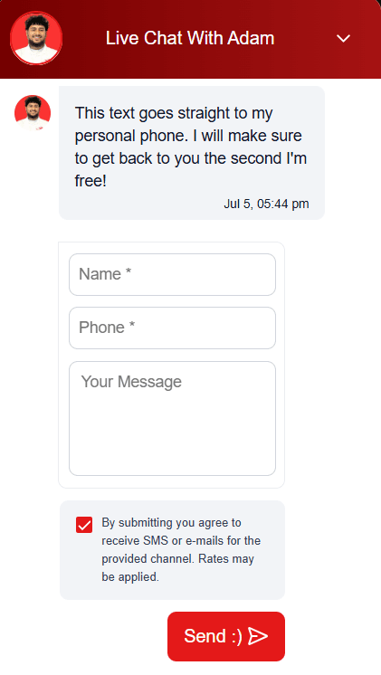 Live chat widget capturing a homeowner lead in real time